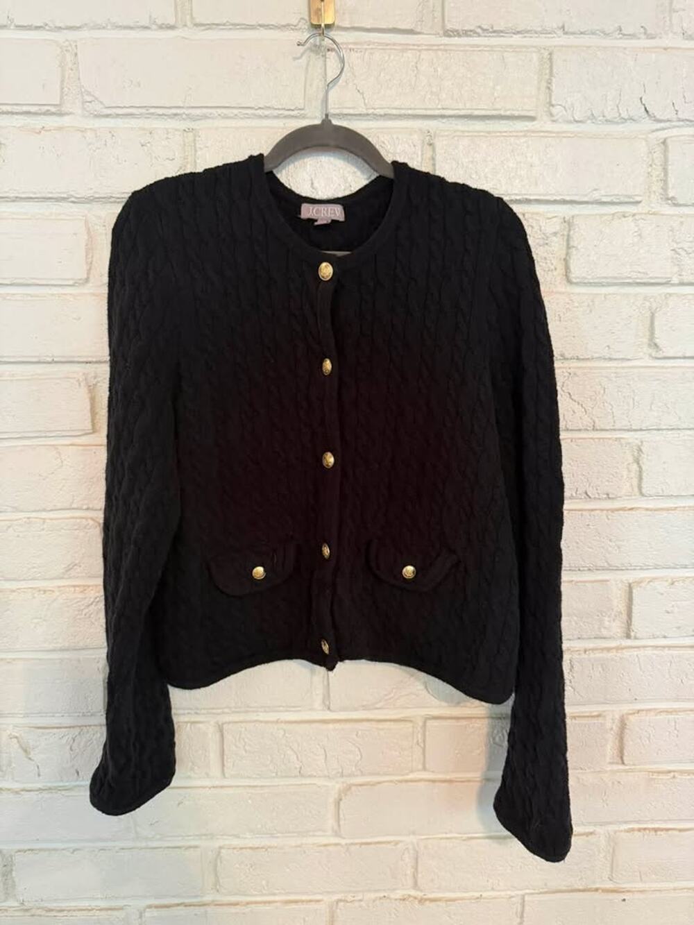 J.Crew Odette Black Cable Knit Cardigan Size L Lady Jacket